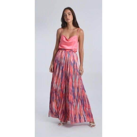 Molly Bracken Pants - Molly Bracken Printed Striped Wide Leg High Rise Pull-On Satin Pants S